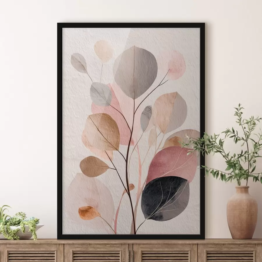 Fototapeta Abstrakcyjna gałązka z okrągłymi liśćmi w ciepłych odcieniach beżu i koralowca f48187