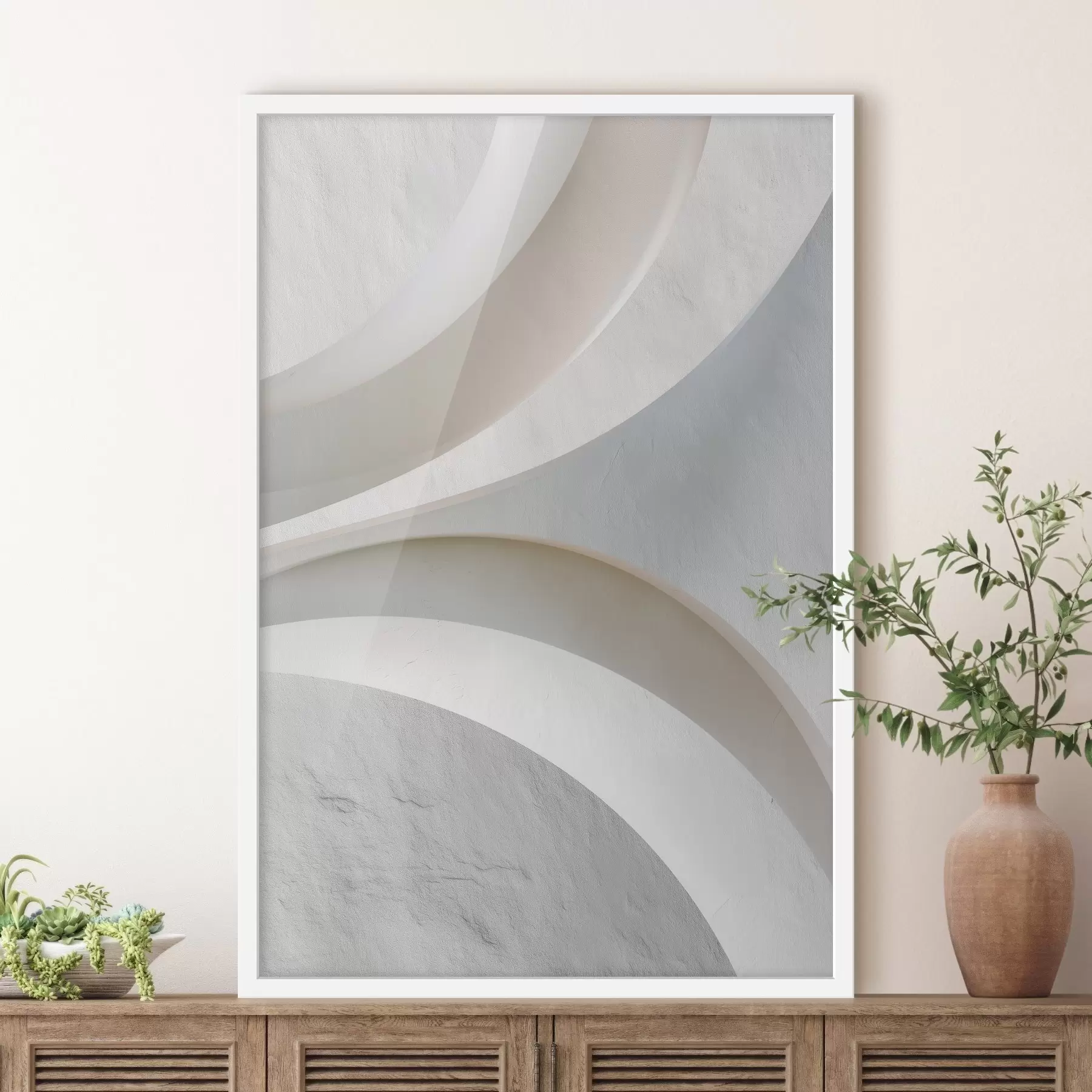 Fototapeta Panel dekoracyjny z trójwymiarowymi formami architektonicznymi na jasnym tle f48191