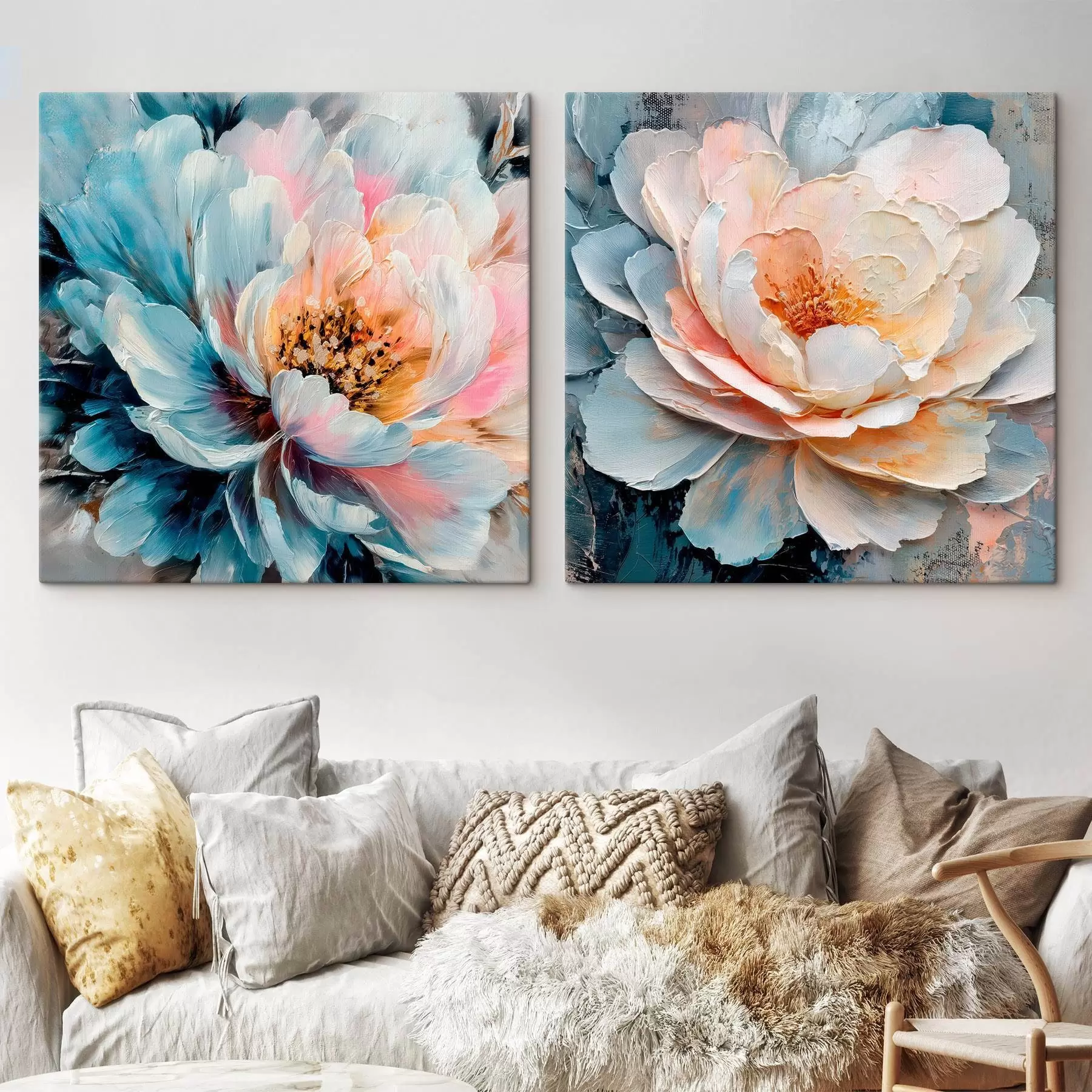 Obraz Abstrakcyjna kompozycja kwiatowa w odcieniach różu i błękitu z teksturowanymi płatkami m30148