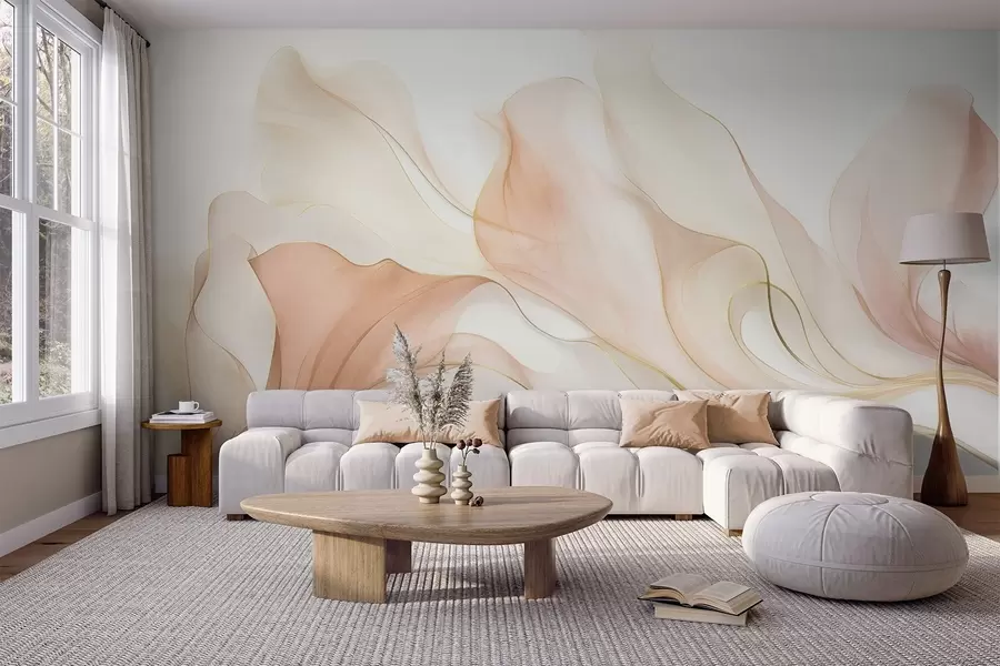 Fototapeta Abstrakcyjna, płynna faktura w odcieniach brzoskwiniowym i kremowym z delikatnymi liniami w09815