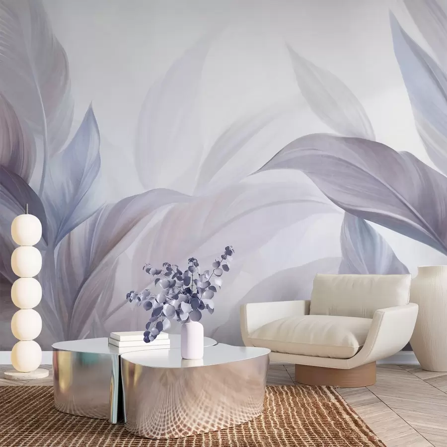 Fototapeta Duże, jasnoniebieskie i fioletowe tropikalne liście w delikatnych, pastelowych barwach, grafika o wyrazistej fakturze w09816v1