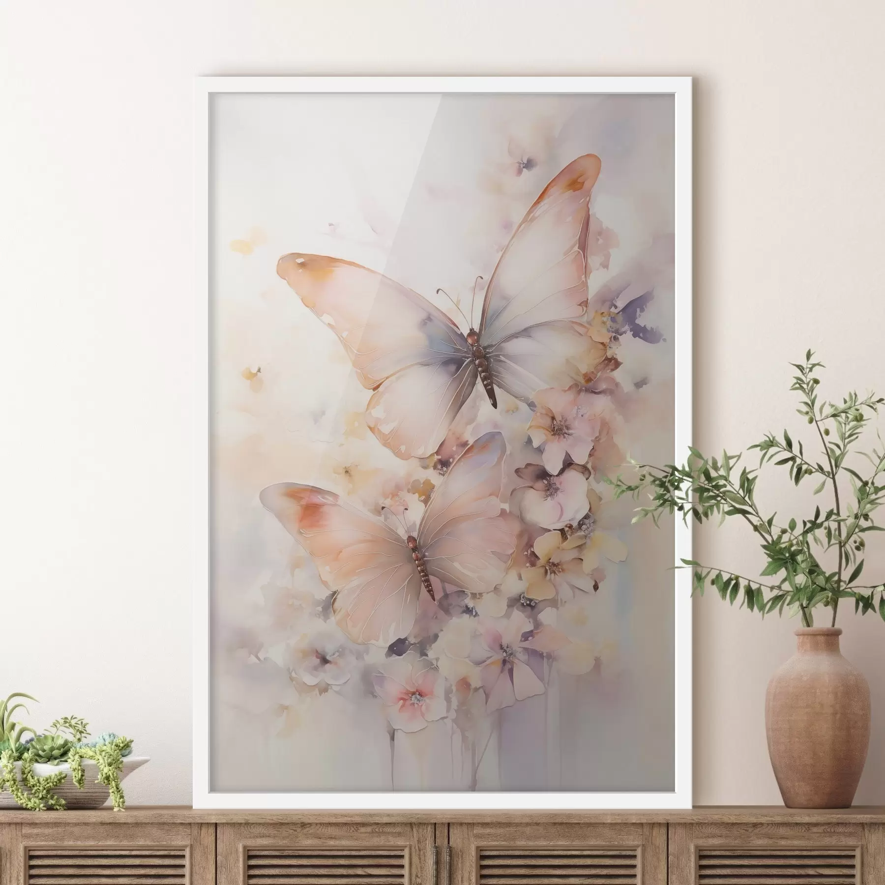 Fototapeta Delikatne kwiaty z motylami, pastelowe kolory f48563