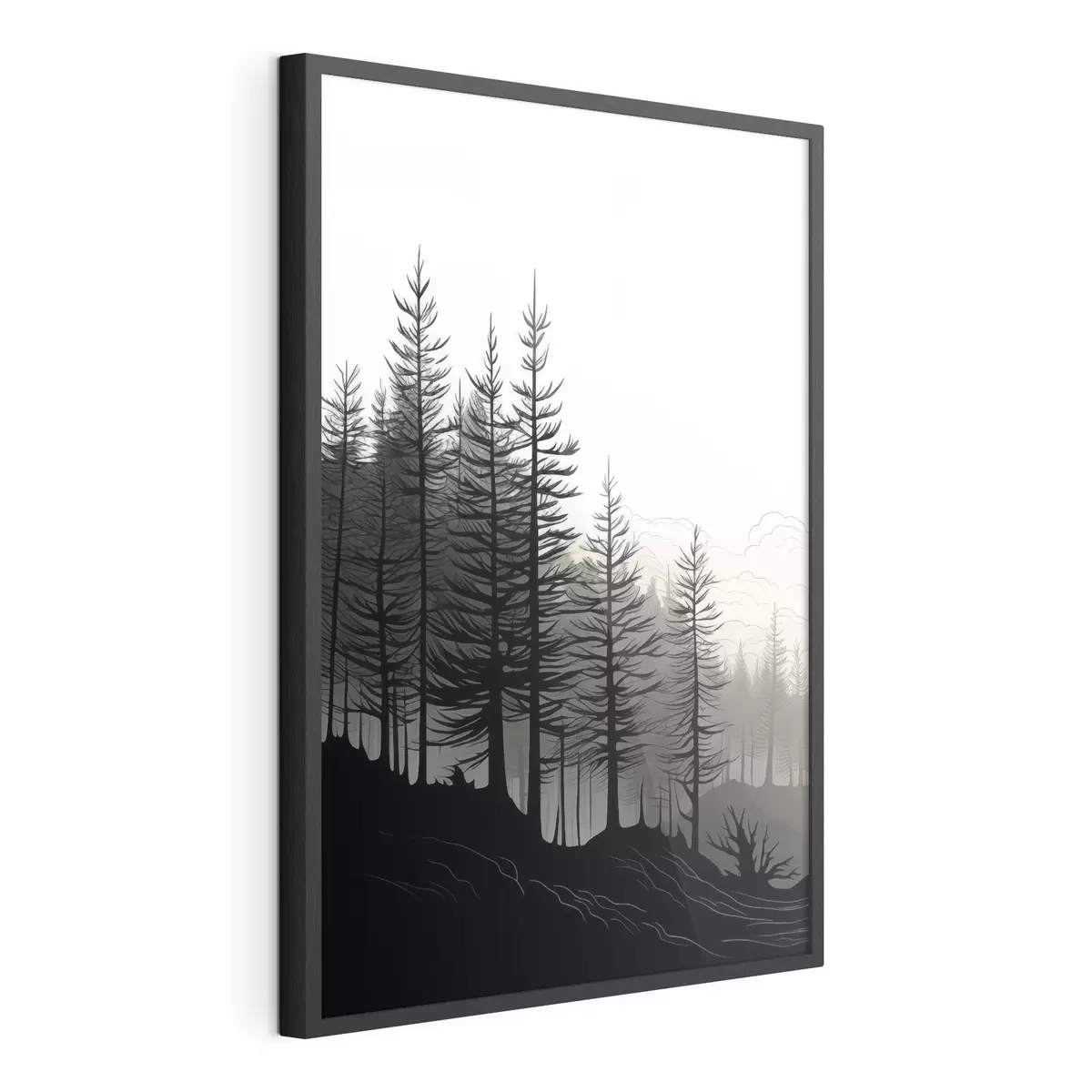 Plakat Mglisty las, czarno-biały krajobraz f48573