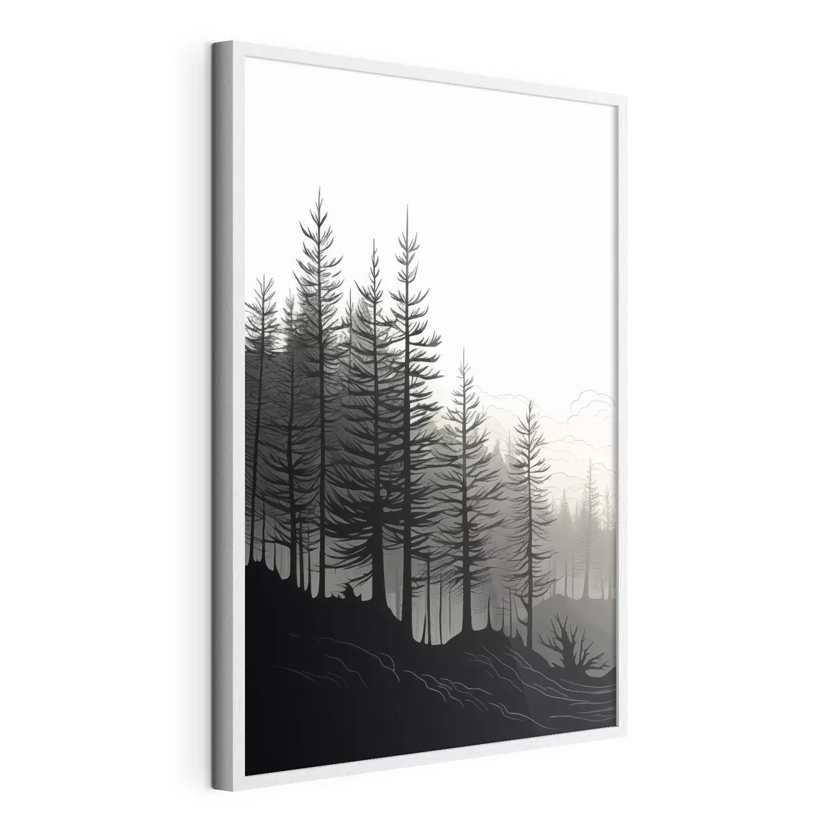 Plakat Mglisty las, czarno-biały krajobraz f48573