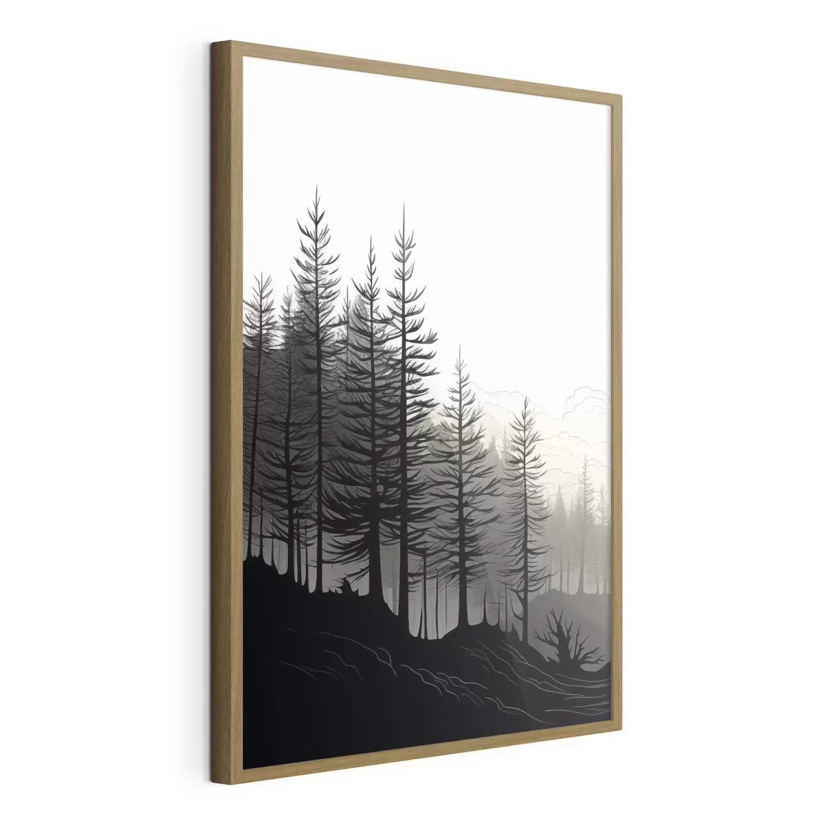 Plakat Mglisty las, czarno-biały krajobraz f48573