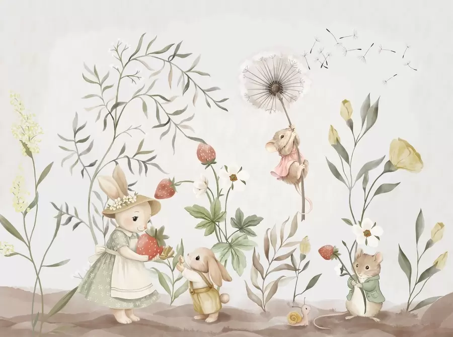 Fototapeta Ilustracja dla dzieci przedstawiająca króliczka i myszkę wśród roślin i kwiatów w05422