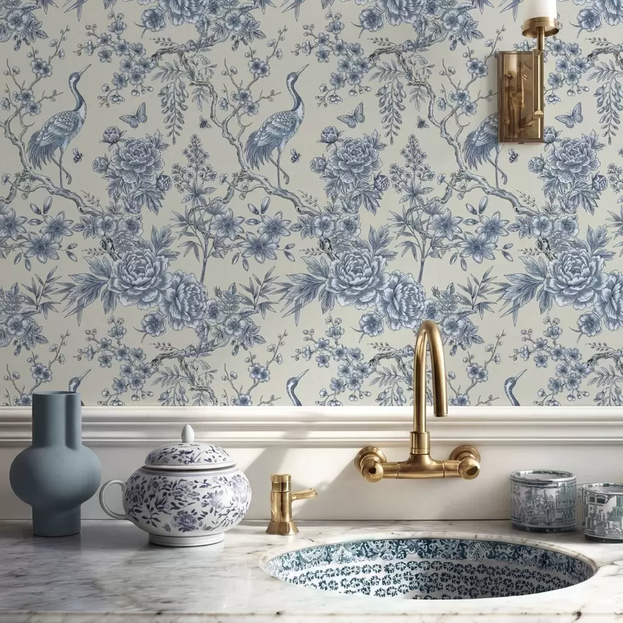 Fototapeta Niebieski ornament kwiatowy z ptakiem i gałązkami a01132