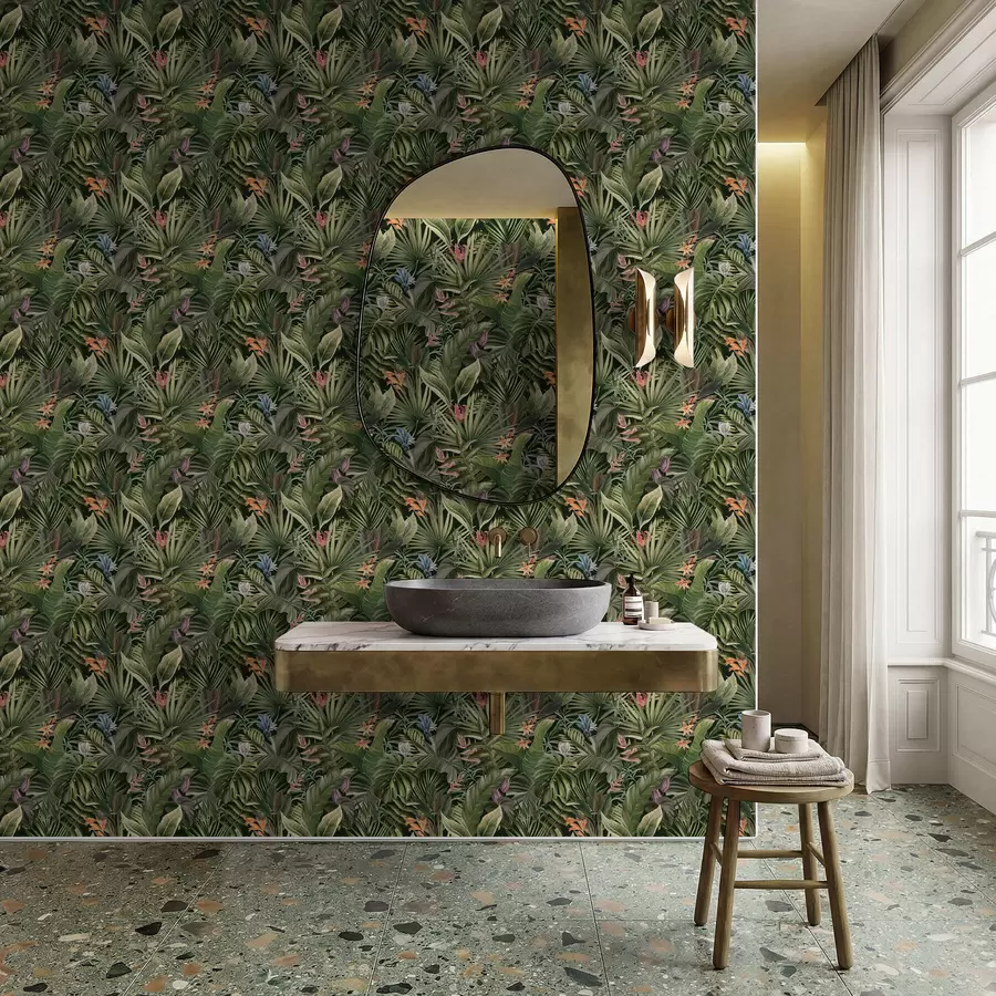 Fototapeta Tropikalne liście z kwiatami na ciemnym tle a01153