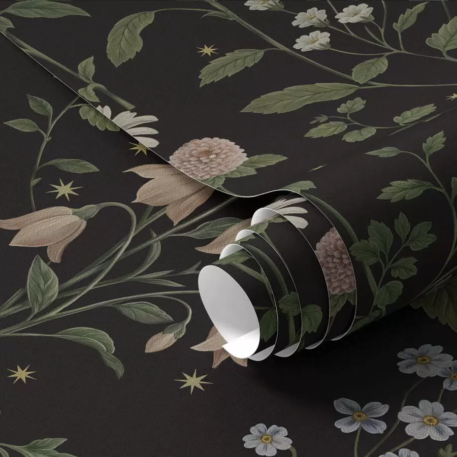 Fototapeta Kwiatowy wzór na czarnym tle z gwiazdkami a01160