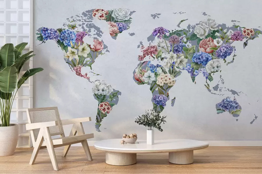 Fototapeta Kolorowa mapa świata wykonana z różnorodnych, żywych kwiatów c00006
