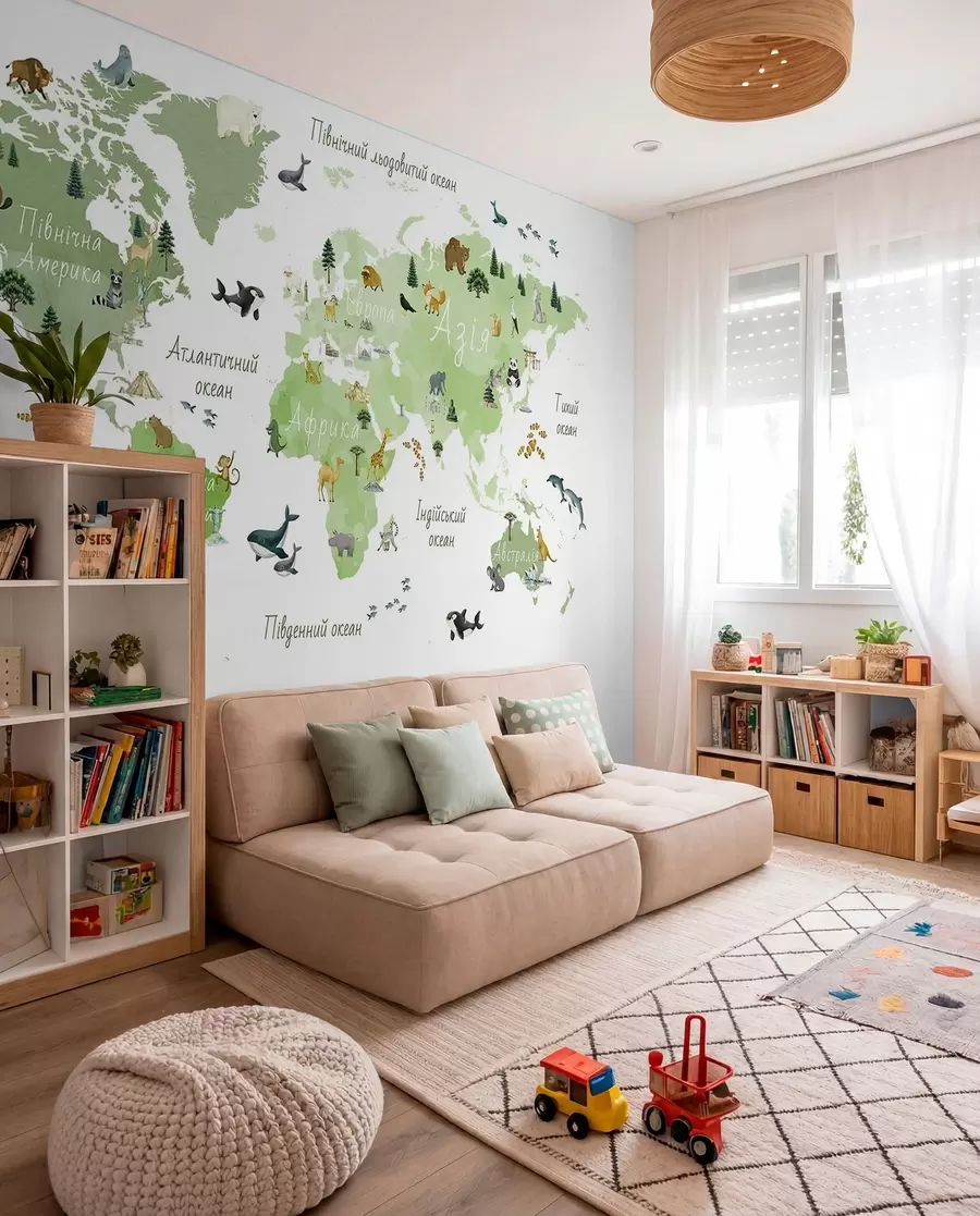 Fototapeta Mapa w stylu akwareli przedstawiająca zwierzęta, rośliny i zabytki architektury. Napisy w języku ukraińskim c00009ukv2