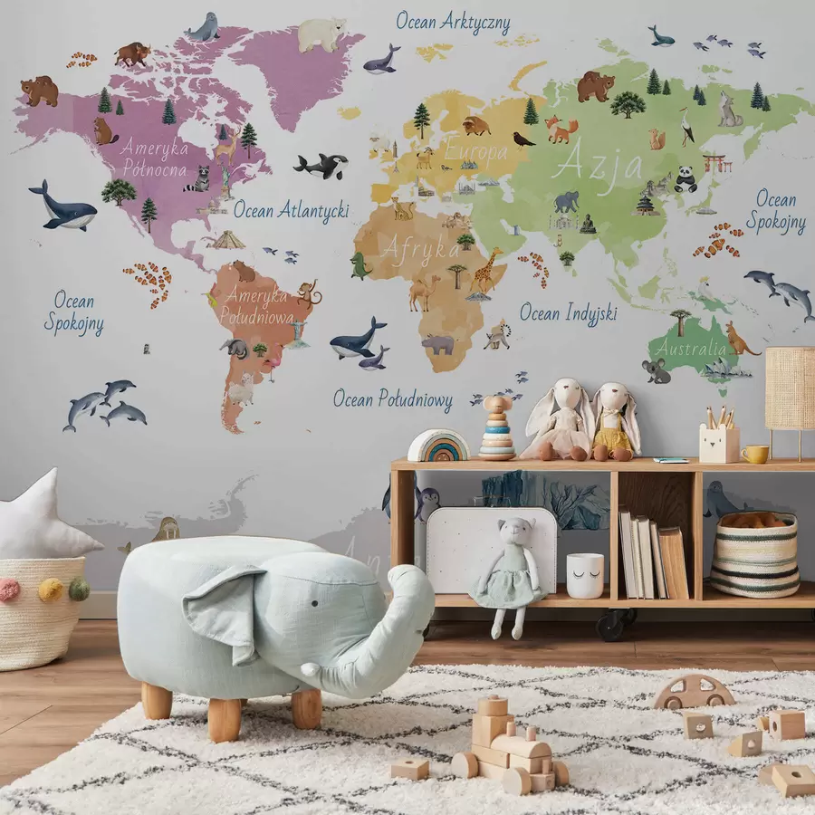 Fototapeta Mapa w stylu akwareli przedstawiająca zwierzęta, rośliny i zabytki architektury. Opisy w języku polskim c00009pl