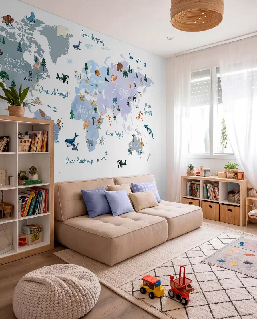 Fototapeta Niebieska mapa w stylu akwareli, przedstawiająca zwierzęta, rośliny i zabytki architektury. Napisy w języku polskim c00009plv1