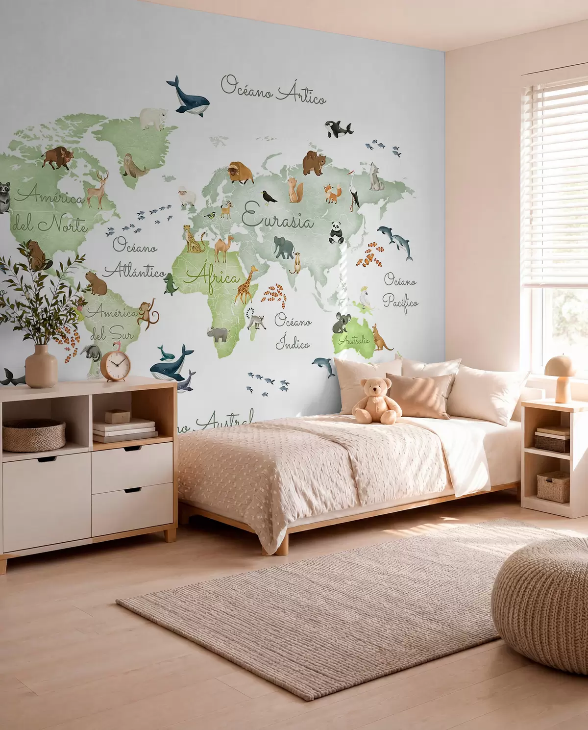 Fototapeta Mapa w stylu akwareli w kolorze zielonym z motywami zwierzęcymi. Napisy w języku hiszpańskim c00012esv2