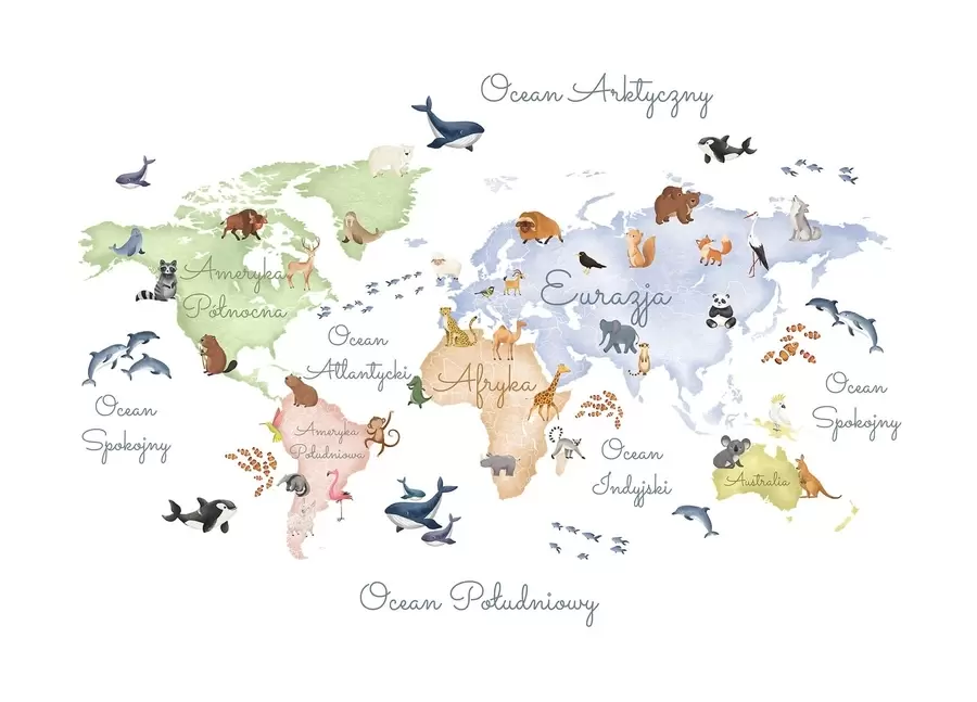 Fototapeta Mapa w stylu akwareli przedstawiająca zwierzęta. Napisy w języku polskim c00012pl