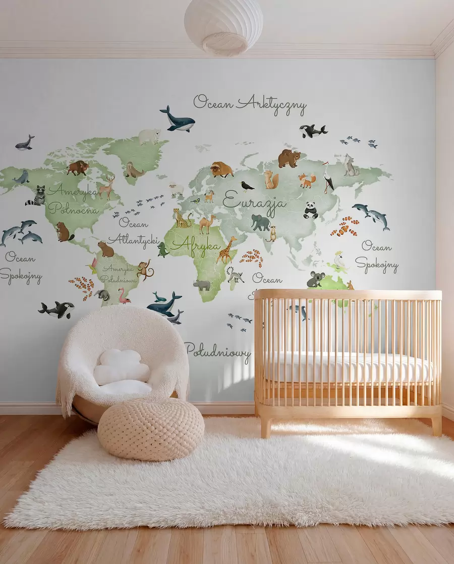 Fototapeta Mapa w stylu akwareli w kolorze zielonym z motywami zwierzęcymi. Napisy w języku polskim c00012plv2