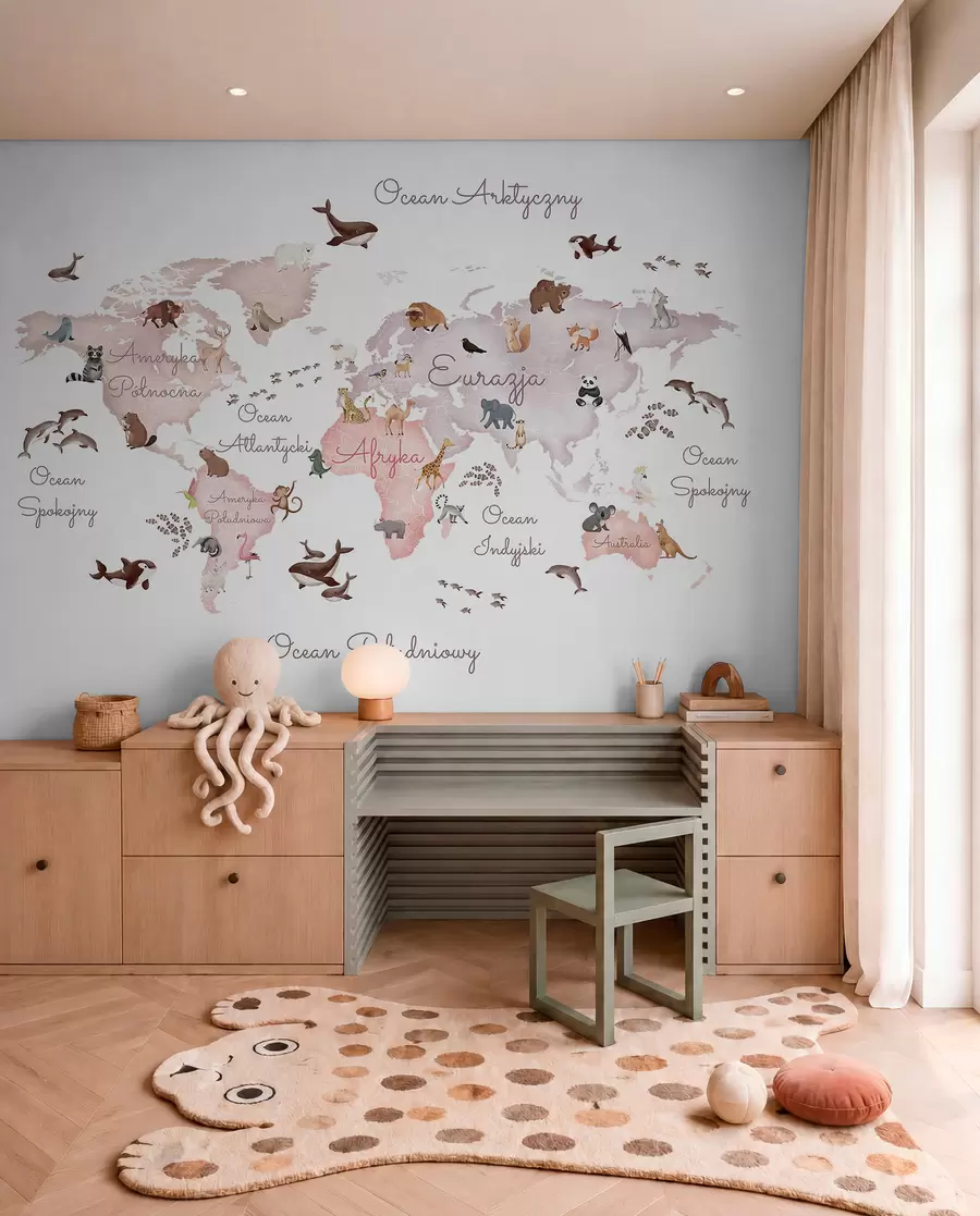 Fototapeta Mapa w stylu akwareli w kolorze beżowym z motywami zwierzęcymi. Napisy w języku polskim c00012plv3