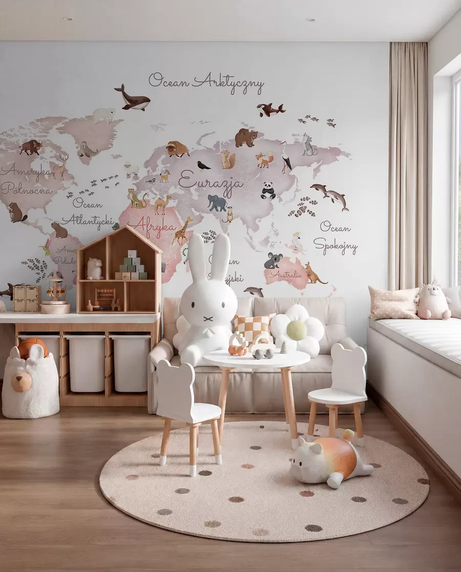 Fototapeta Mapa w stylu akwareli w kolorze beżowym z motywami zwierzęcymi. Napisy w języku polskim c00012plv3