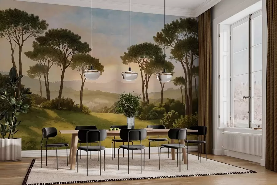 Fototapeta Krajobraz z drzewami w ciepłym świetle zachodzącego słońca w05122