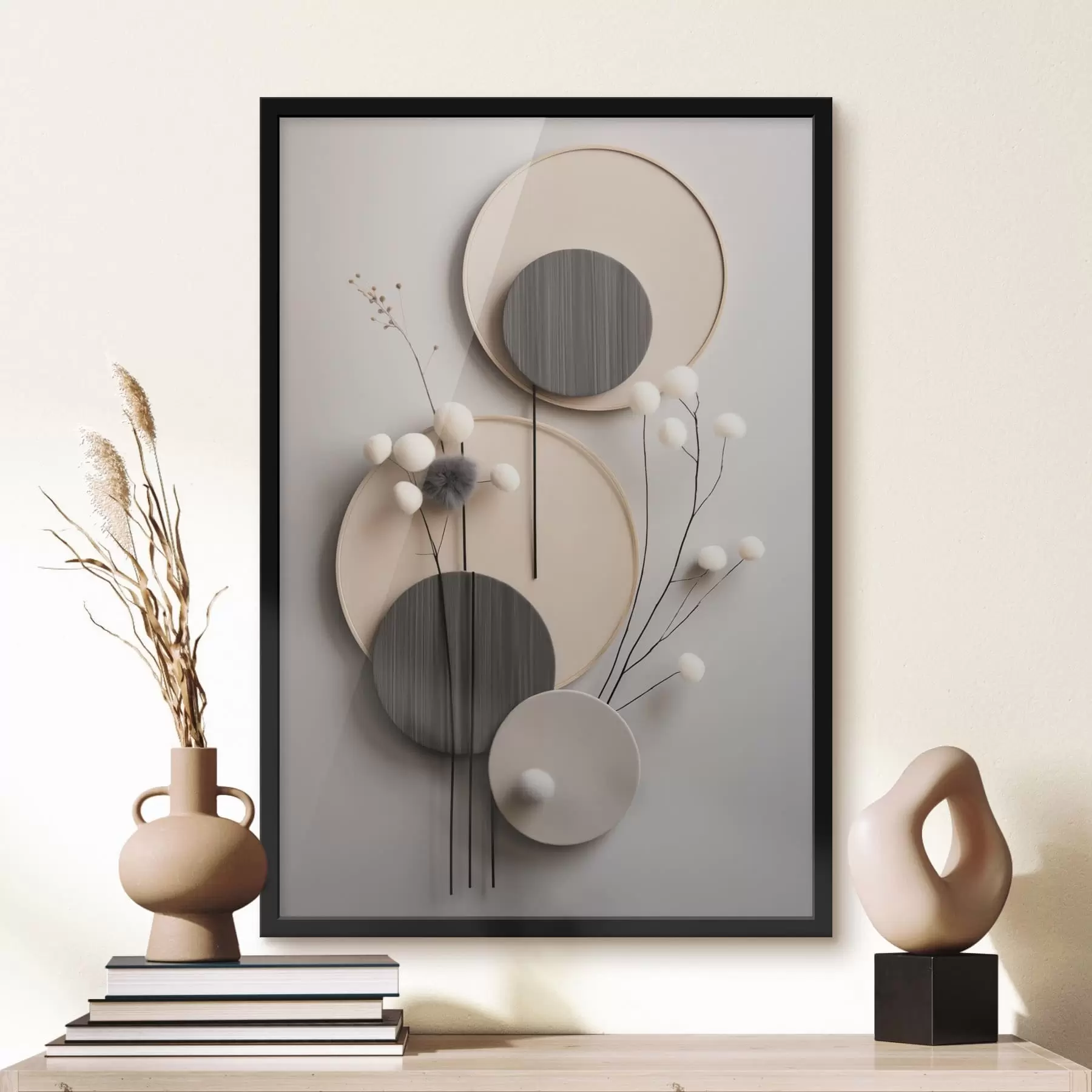 Fototapeta Okrągłe panele z suchymi gałązkami i miękkimi kulkami f48601