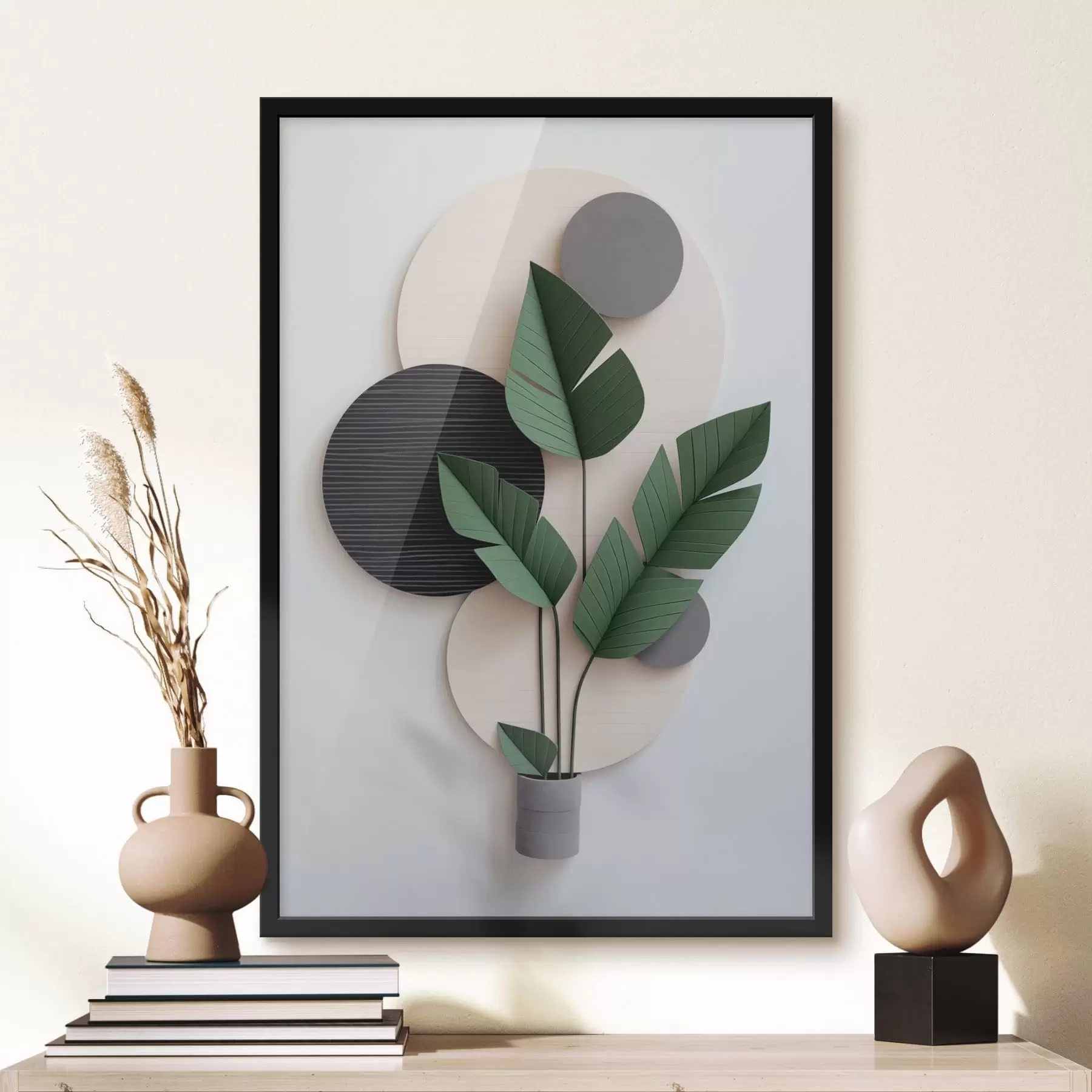Fototapeta Minimalistyczny układ z geometrycznymi okręgami i zielonymi liśćmi f48607