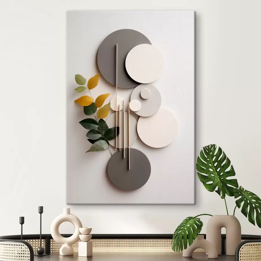 Obraz Geometryczne koła z zieloną, liściastą gałązką s48598