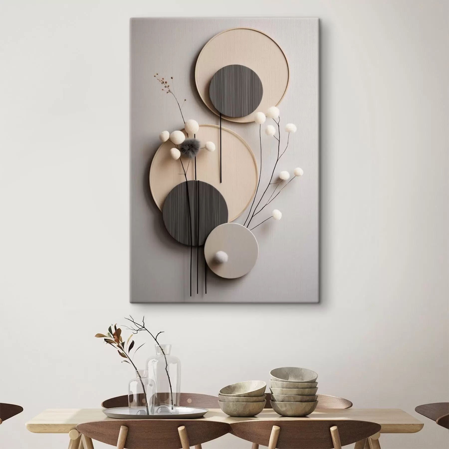 Obraz Okrągłe panele z suchymi gałązkami i miękkimi kulkami s48601