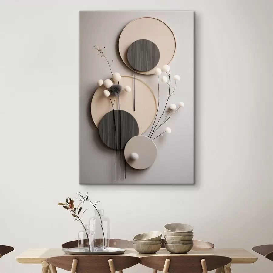Obraz Okrągłe panele z suchymi gałązkami i miękkimi kulkami s48601