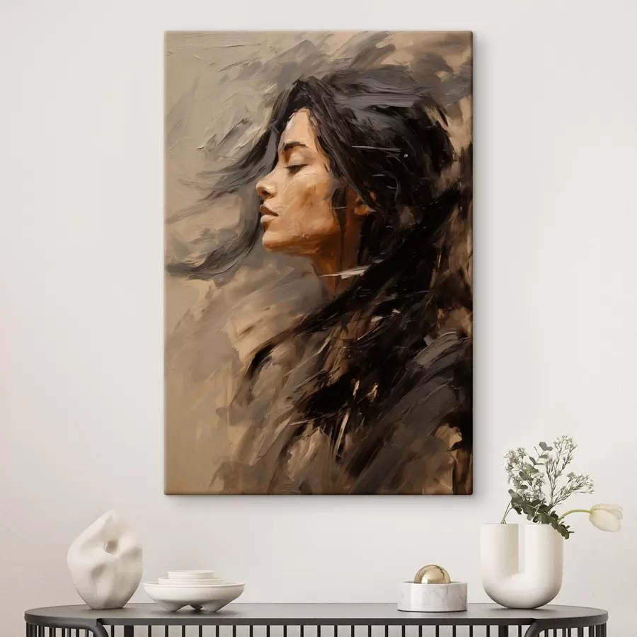 Obraz Kobiecy profil oddany za pomocą malarskich pociągnięć pędzla, w ciepłej kolorystyce s48621