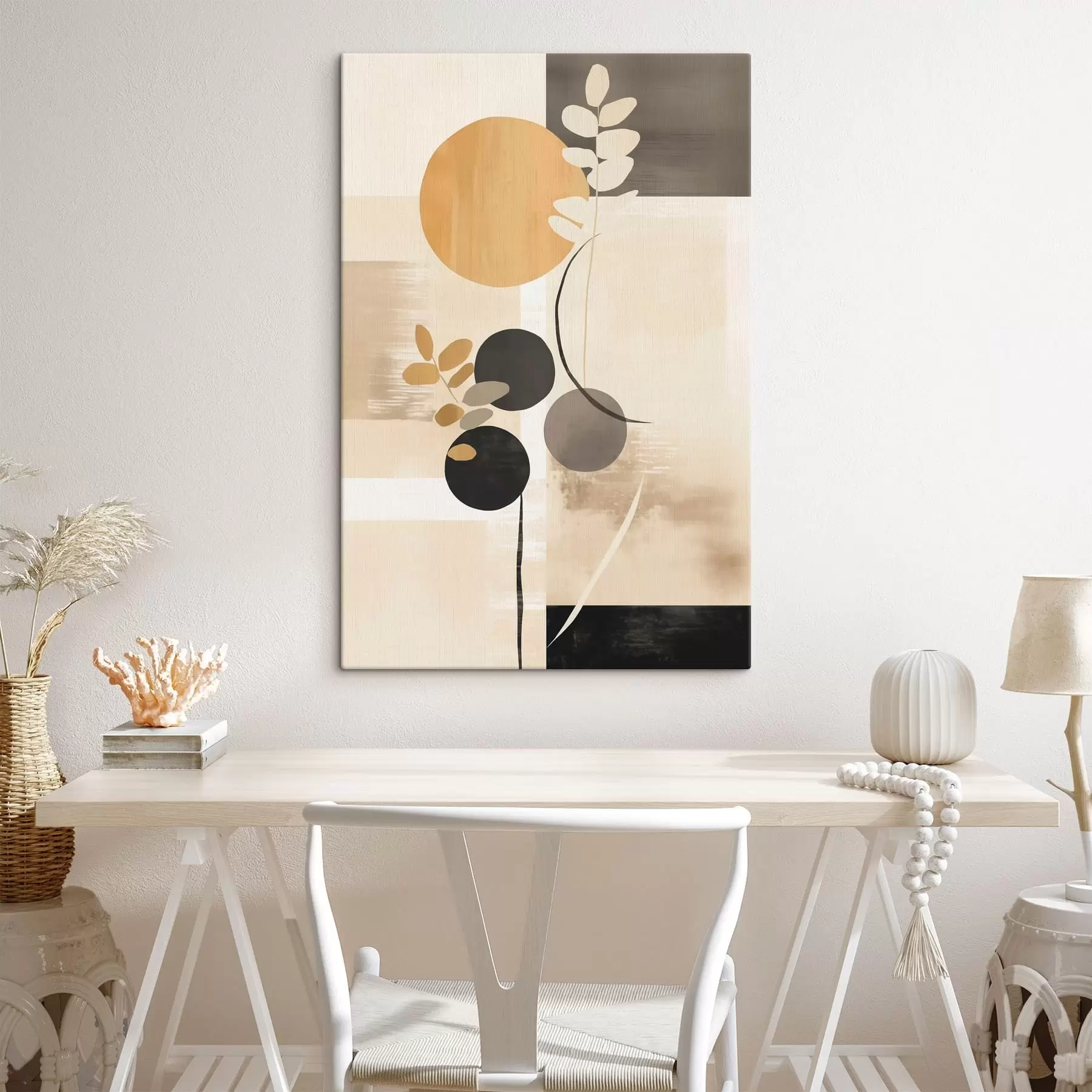 Obraz Kompozycja abstrakcyjna z liśćmi i okręgami s48612