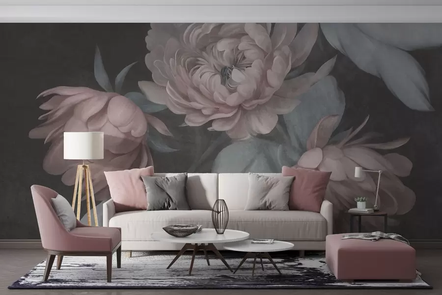 Fototapeta Teksturowane, jasnoróżowe kwiaty piwonii z liśćmi w stonowanym odcieniu zieleni na ciemnym tle w09751v1