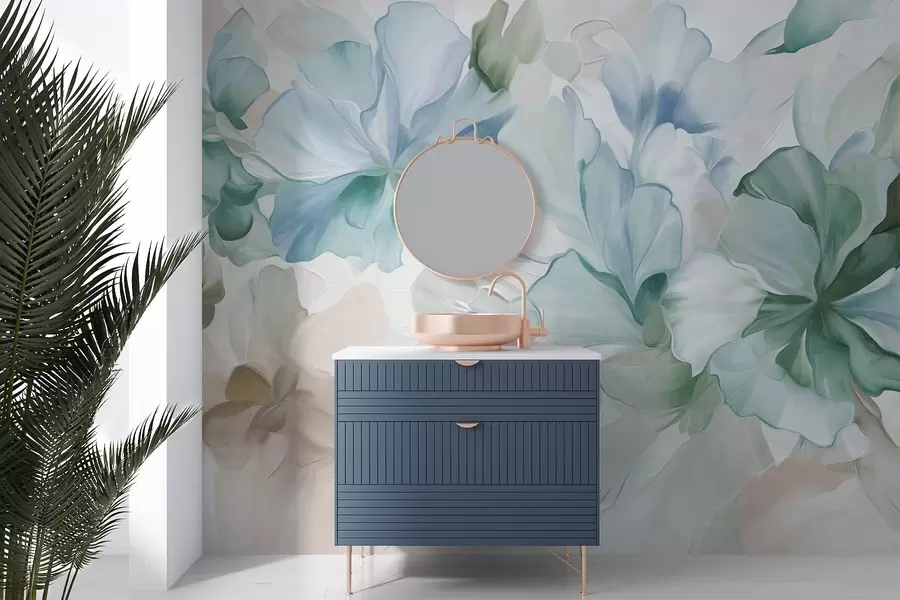 Fototapeta Abstrakcyjne, fantazyjne kwiaty w odcieniach zieleni, błękitu i beżu, utrzymane w stylu malarskim, grafika z fakturą w09767v1