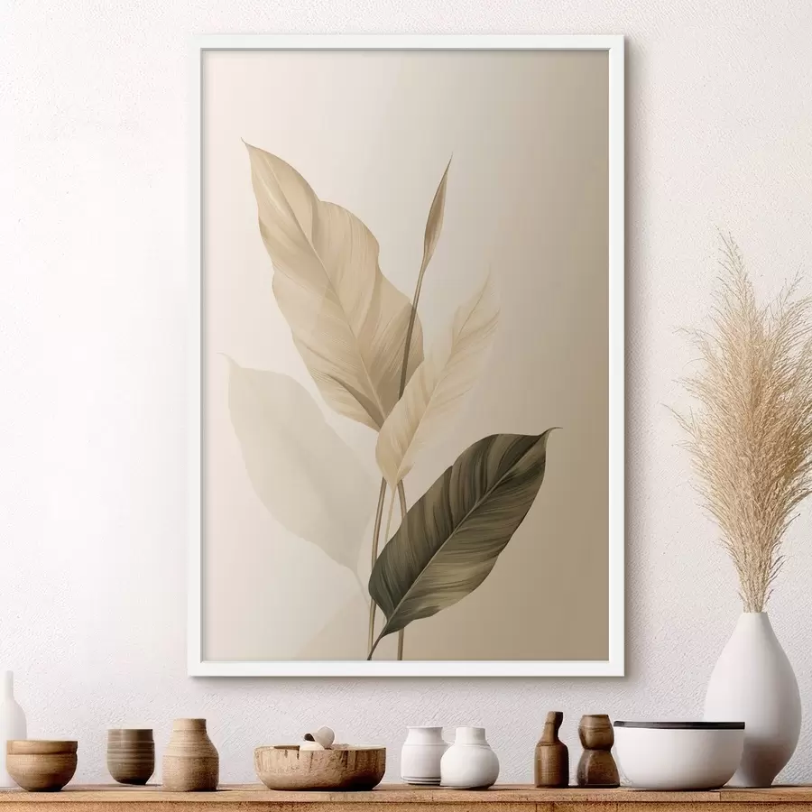 Fototapeta Duże tropikalne liście w odcieniach beżu i brązu, jasne tło f48725