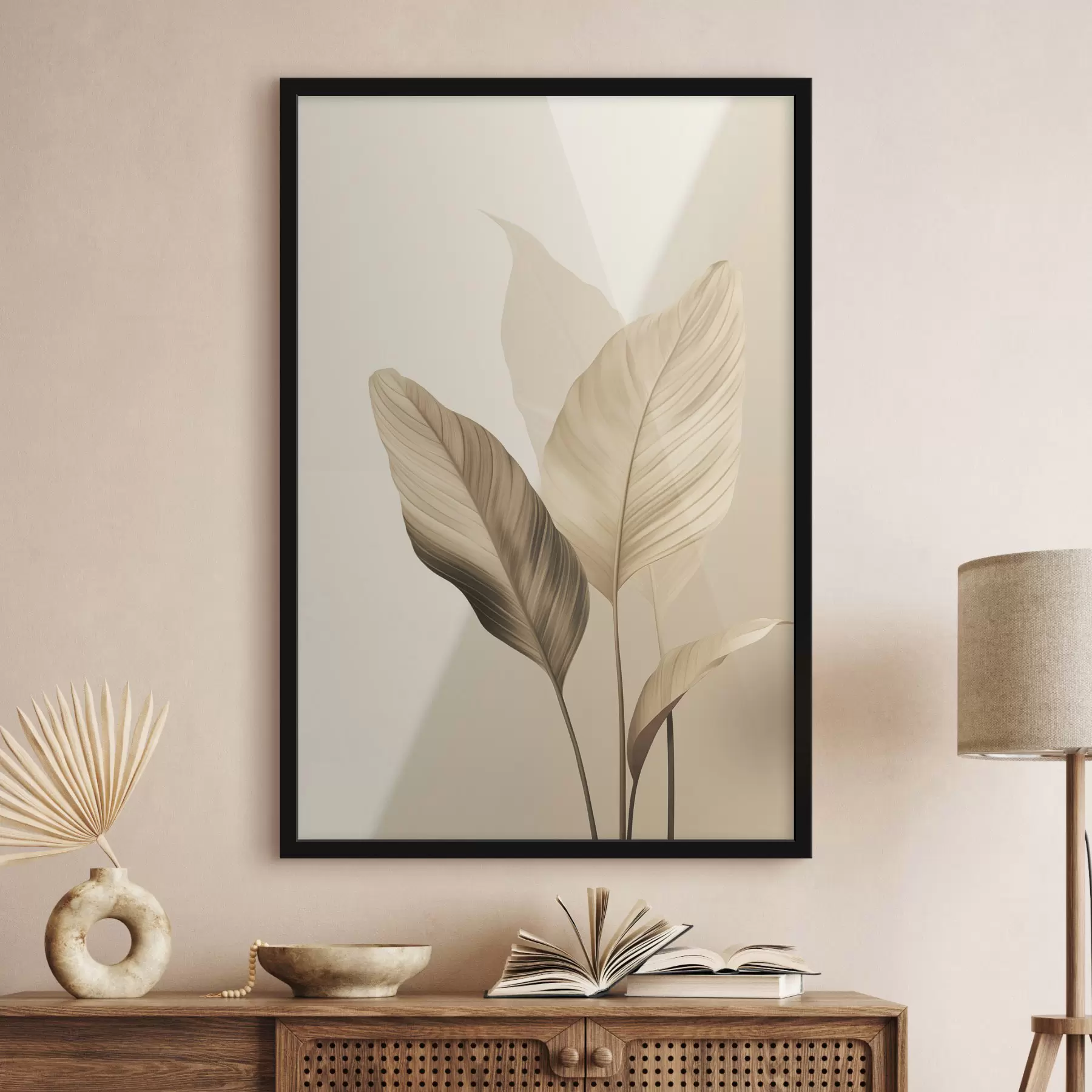 Fototapeta Duże tropikalne liście w odcieniach beżu i brązu, jasne tło f48726