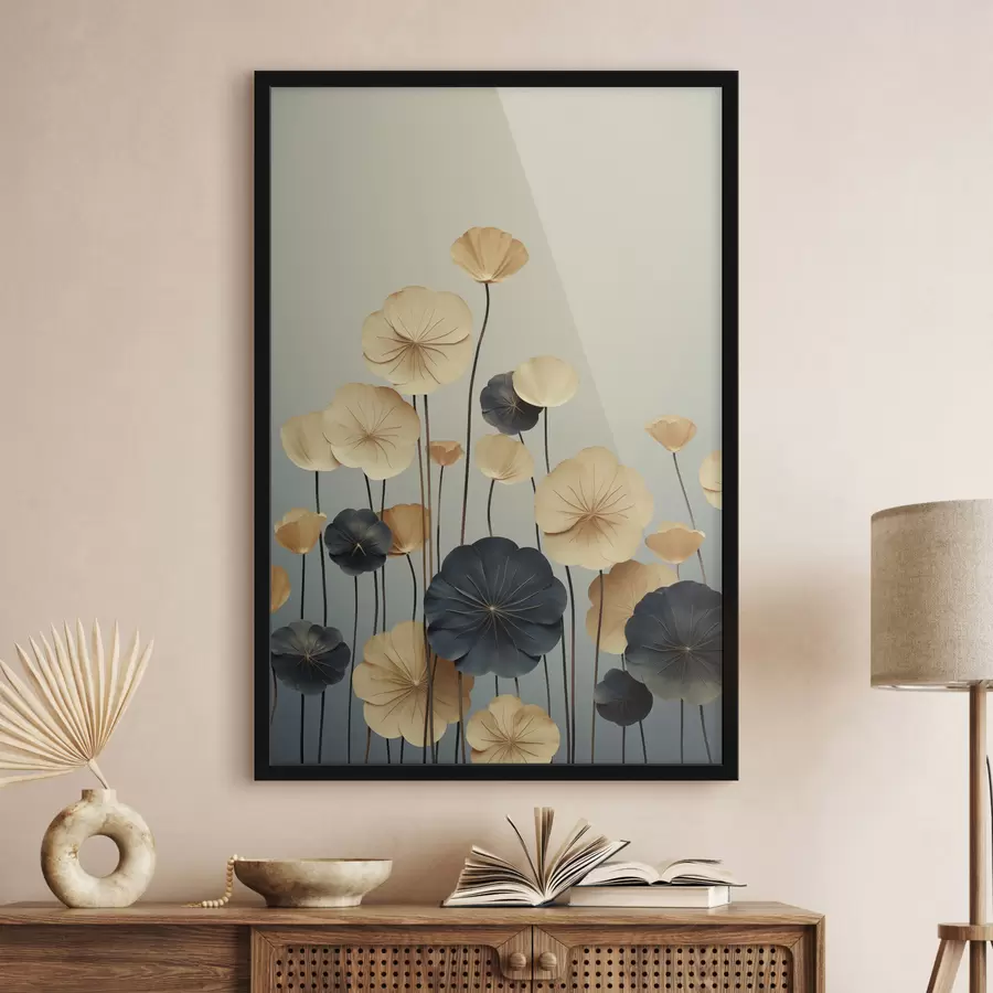 Fototapeta Liście lilii wodnej na stonowanym tle w odcieniach beżu i ciemnego błękitu f48734