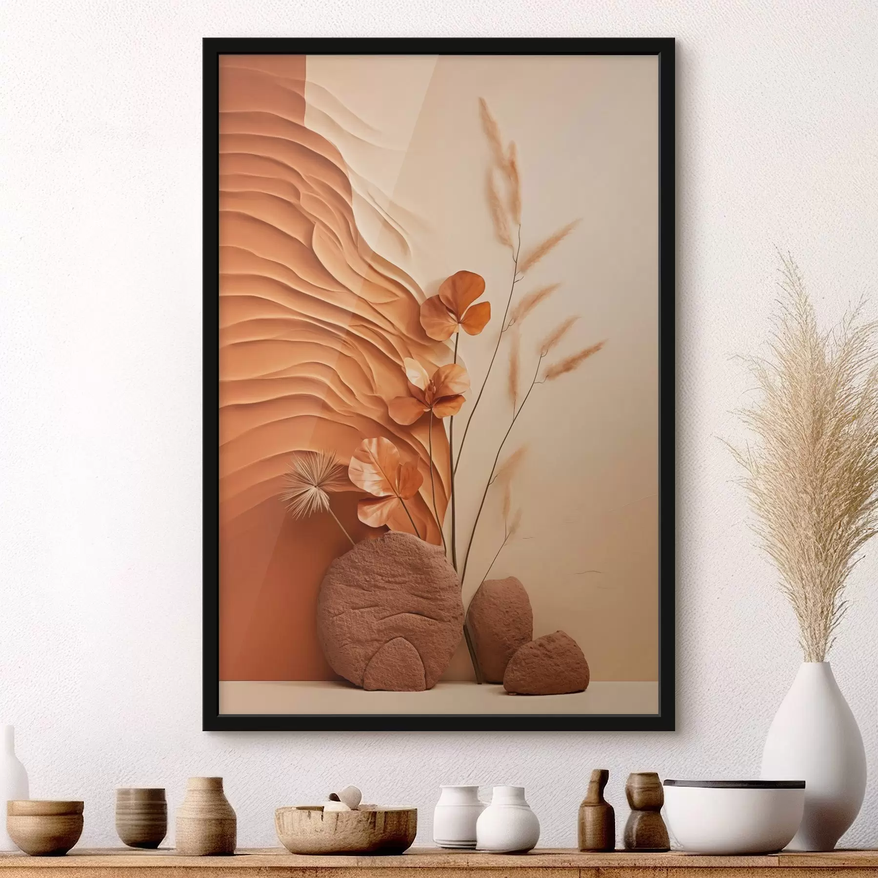 Fototapeta Minimalistyczna kompozycja z suszonymi kwiatami i trawą pampasową na teksturowanym tle f48739