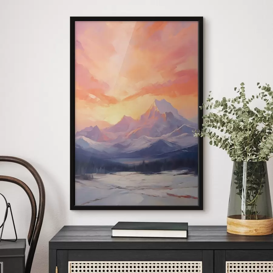 Fototapeta Ośnieżone szczyty górskie na tle intensywnie pomarańczowo-różowego nieba z chmurami f48741