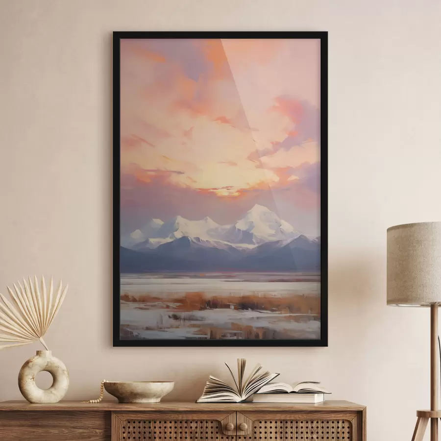 Fototapeta Ośnieżone szczyty górskie na tle intensywnie pomarańczowo-różowego nieba z chmurami f48742