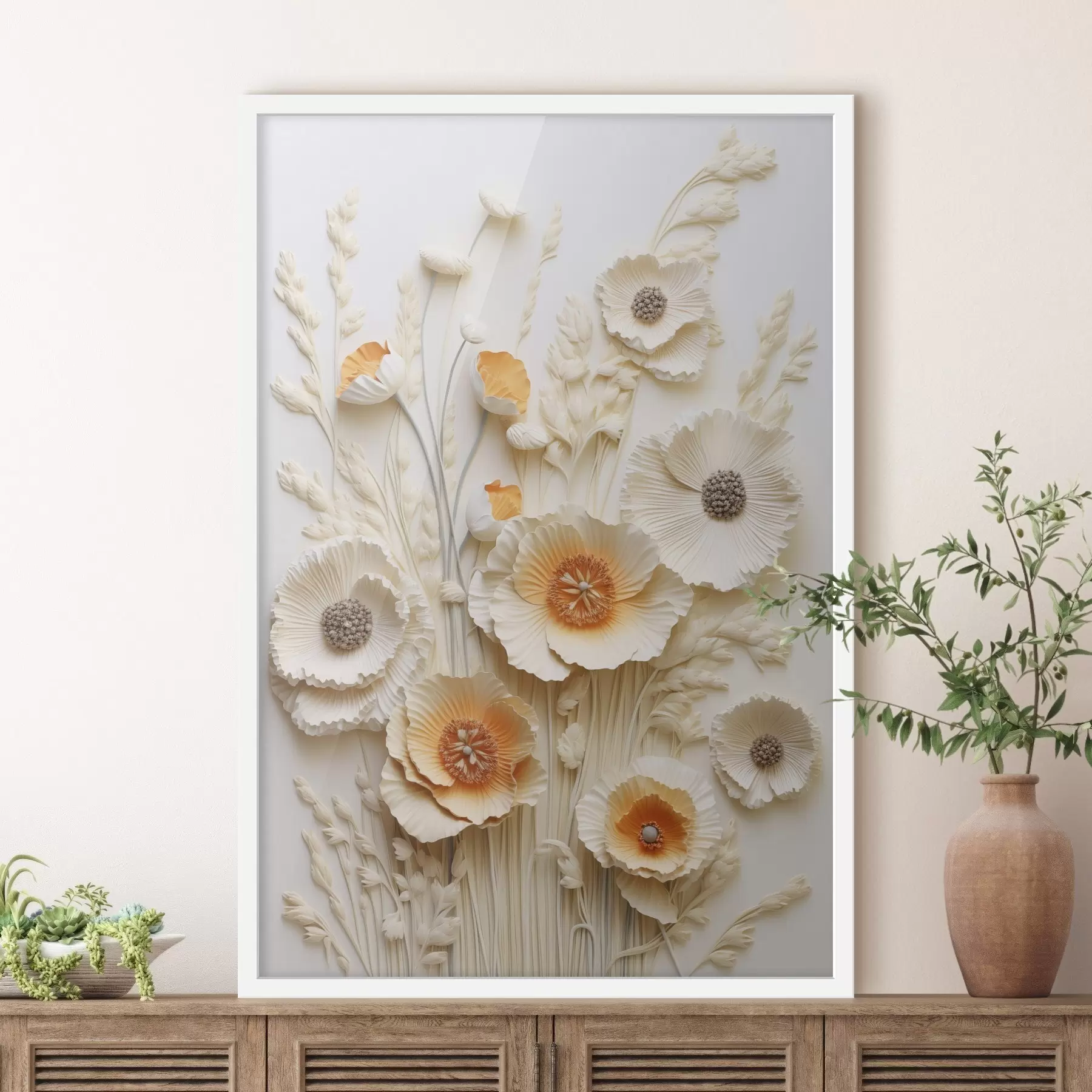 Fototapeta Bukiet kremowych i pomarańczowych maków z suszonymi łodygami pszenicy f48747