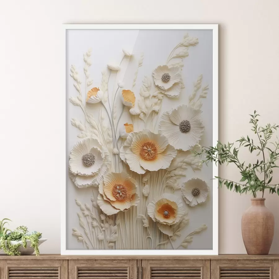 Fototapeta Bukiet kremowych i pomarańczowych maków z suszonymi łodygami pszenicy f48747