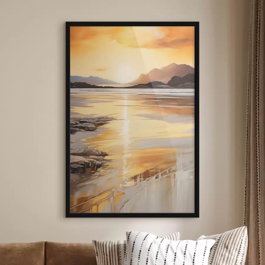 Fototapeta Krajobraz z rzeką i górami pod ciepłym, pomarańczowym niebem o zachodzie słońca f48756