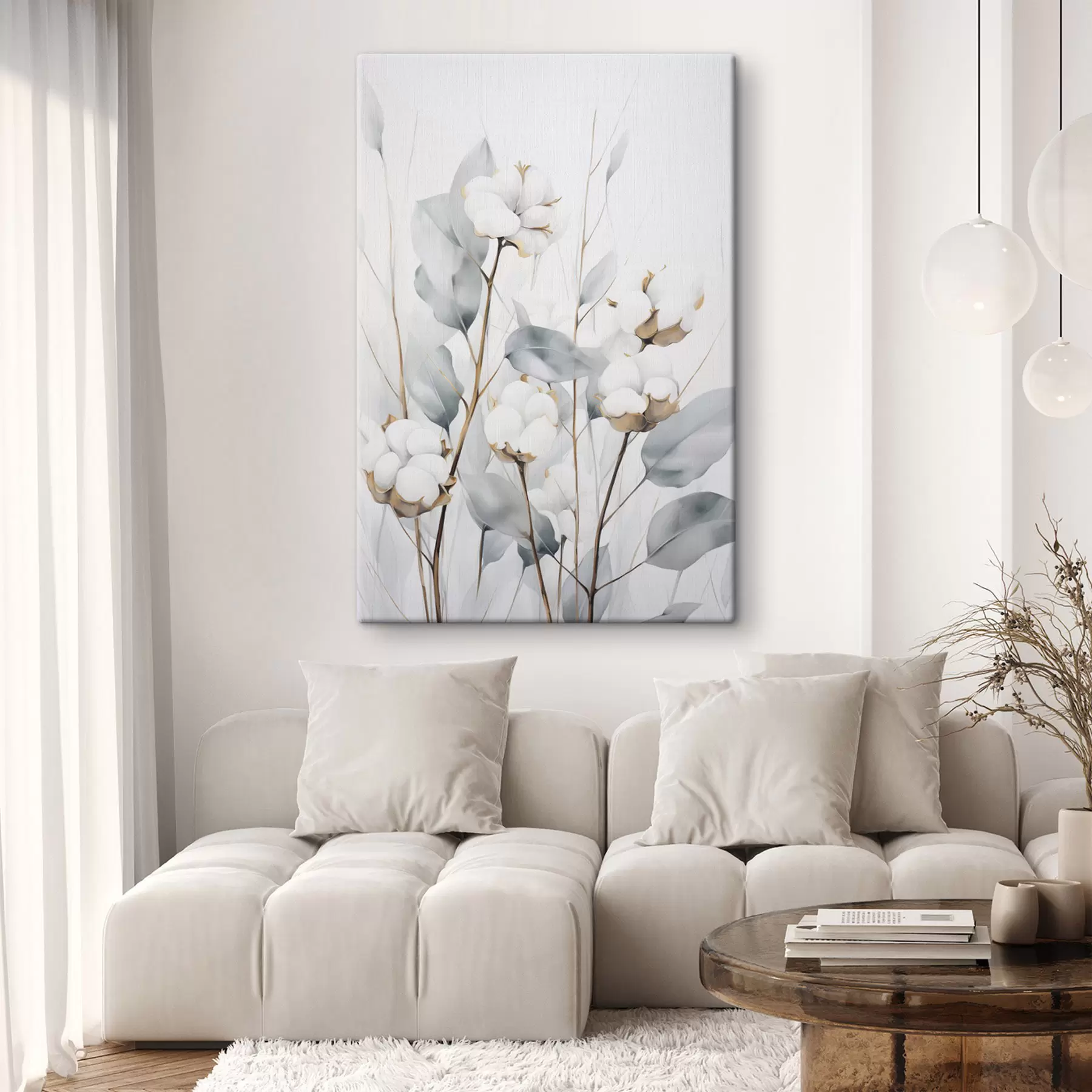 Obraz Biała roślina bawełny z jasnoniebiesko-zielonymi liśćmi na jasnym tle s48743