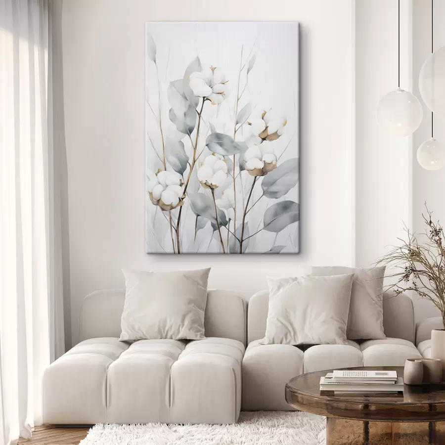 Obraz Biała roślina bawełny z jasnoniebiesko-zielonymi liśćmi na jasnym tle s48743