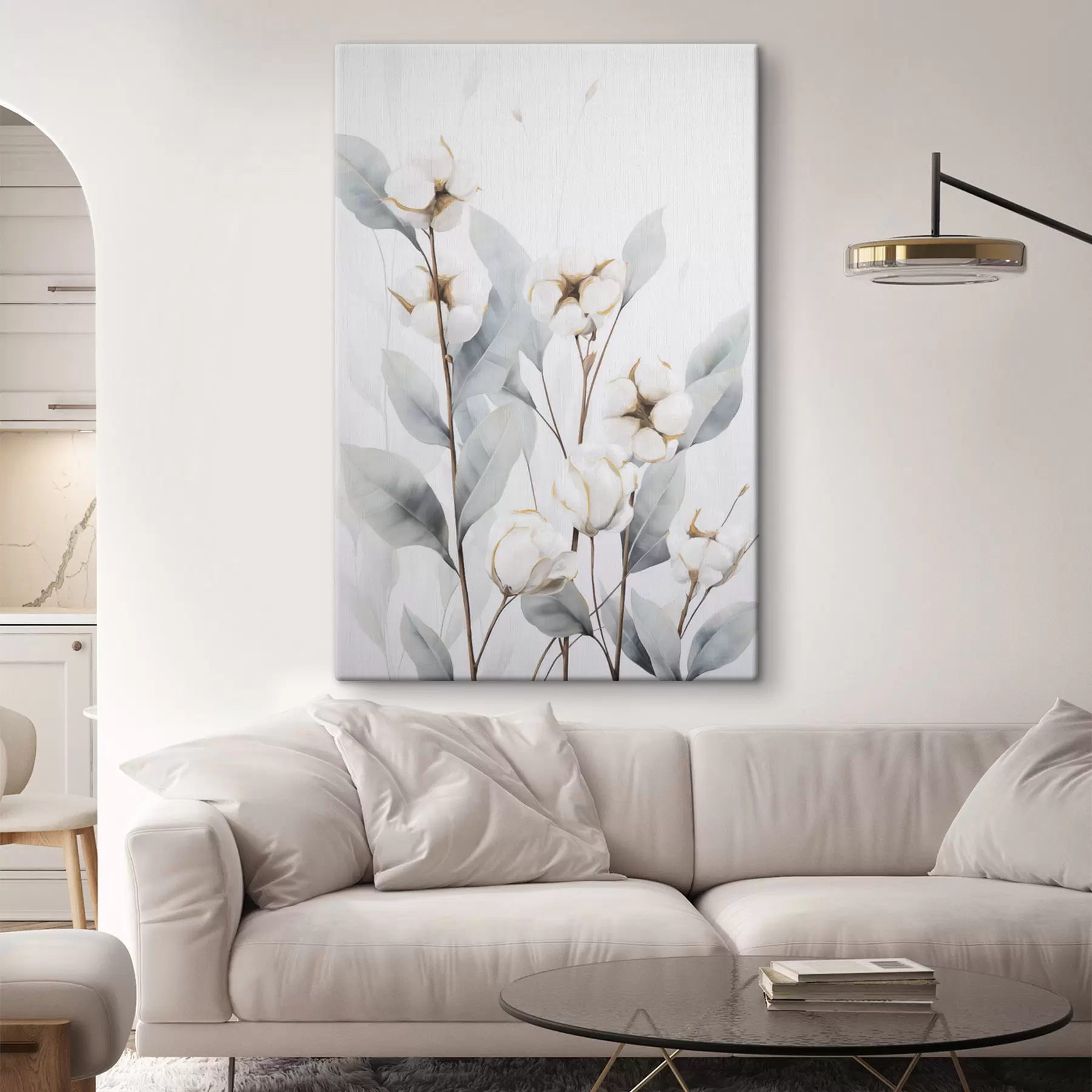 Obraz Biała roślina bawełny z jasnoniebiesko-zielonymi liśćmi na jasnym tle s48744