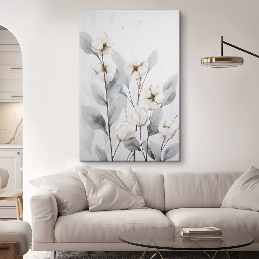 Obraz Biała roślina bawełny z jasnoniebiesko-zielonymi liśćmi na jasnym tle s48744