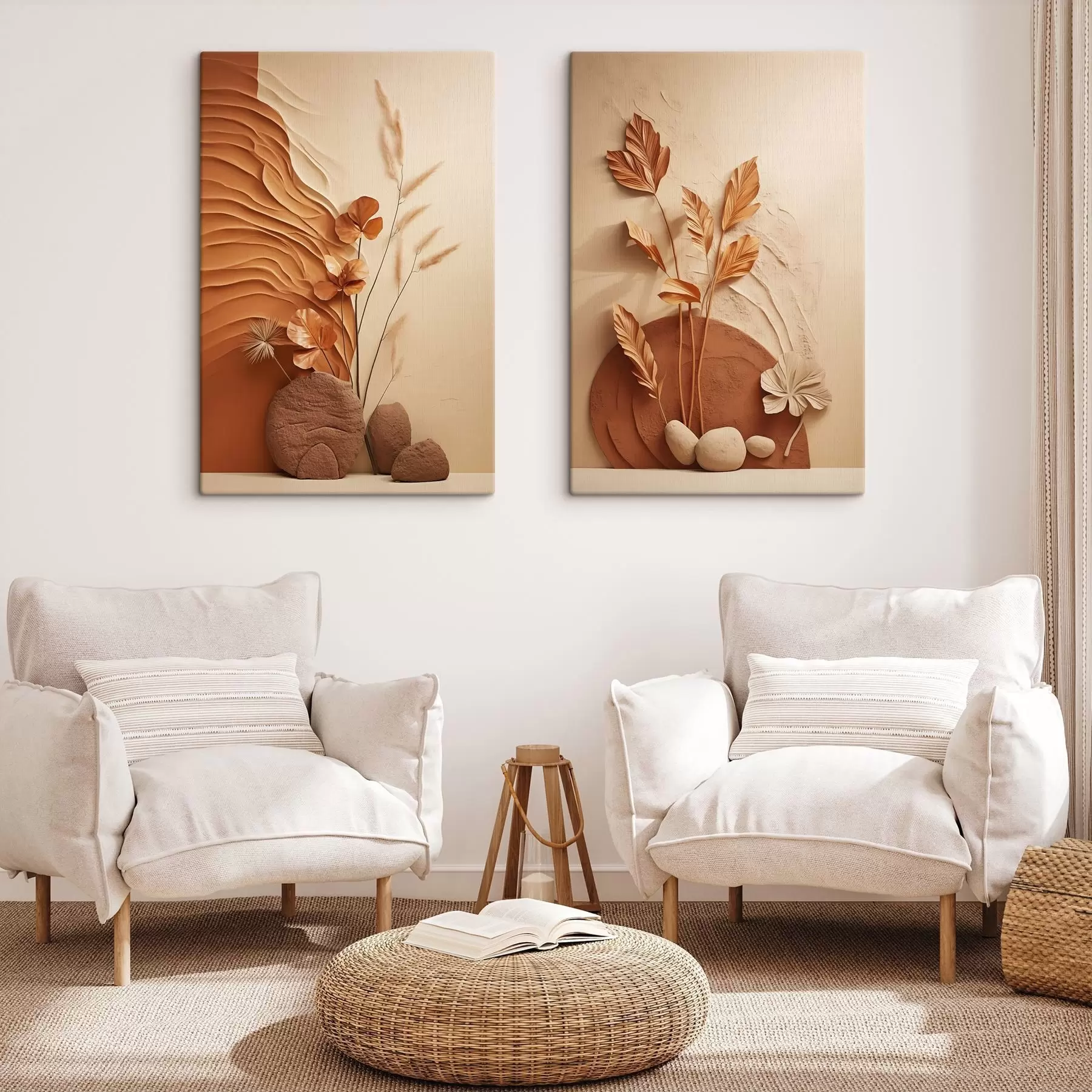 Obraz Minimalistyczna kompozycja z suszonymi kwiatami i trawą pampasową na teksturowanym tle m30320