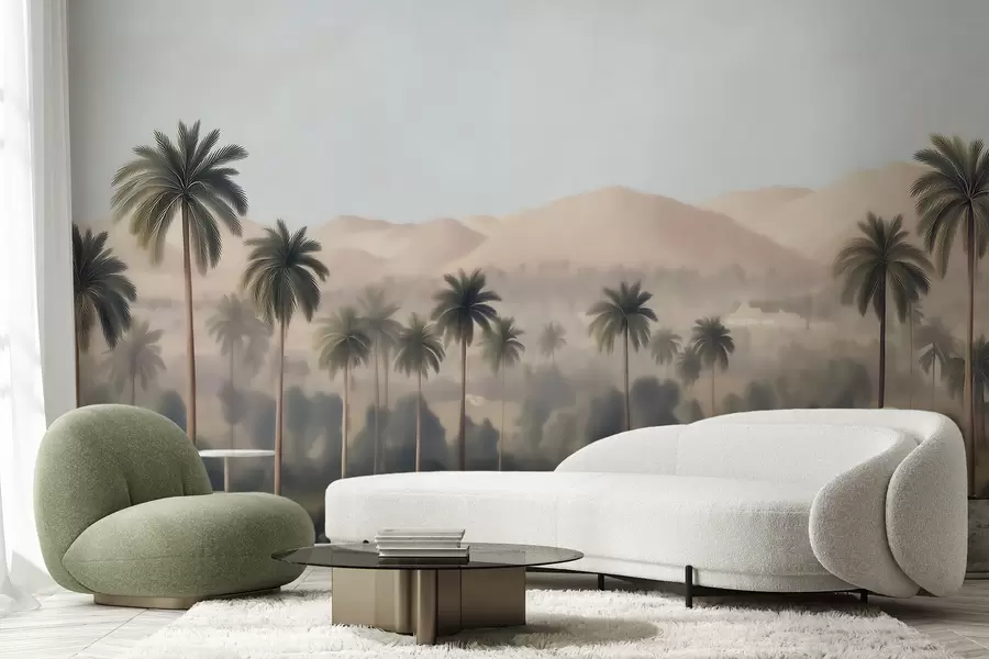 Fototapeta Tropikalny krajobraz z palmami i górami, panorama w stylu retro w odcieniach beżu i zieleni w09798