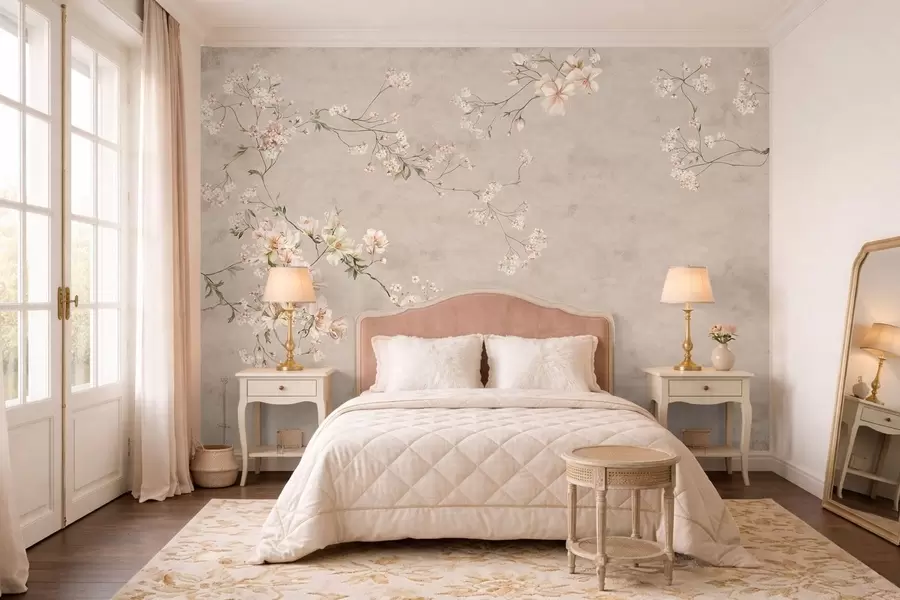 Fototapeta Delikatne kwiatowe gałązki w stylu chinoiserie na jasnym tle w05427