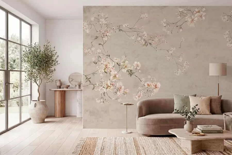 Fototapeta Delikatne kwiatowe gałązki w stylu chinoiserie na jasnym tle w05427
