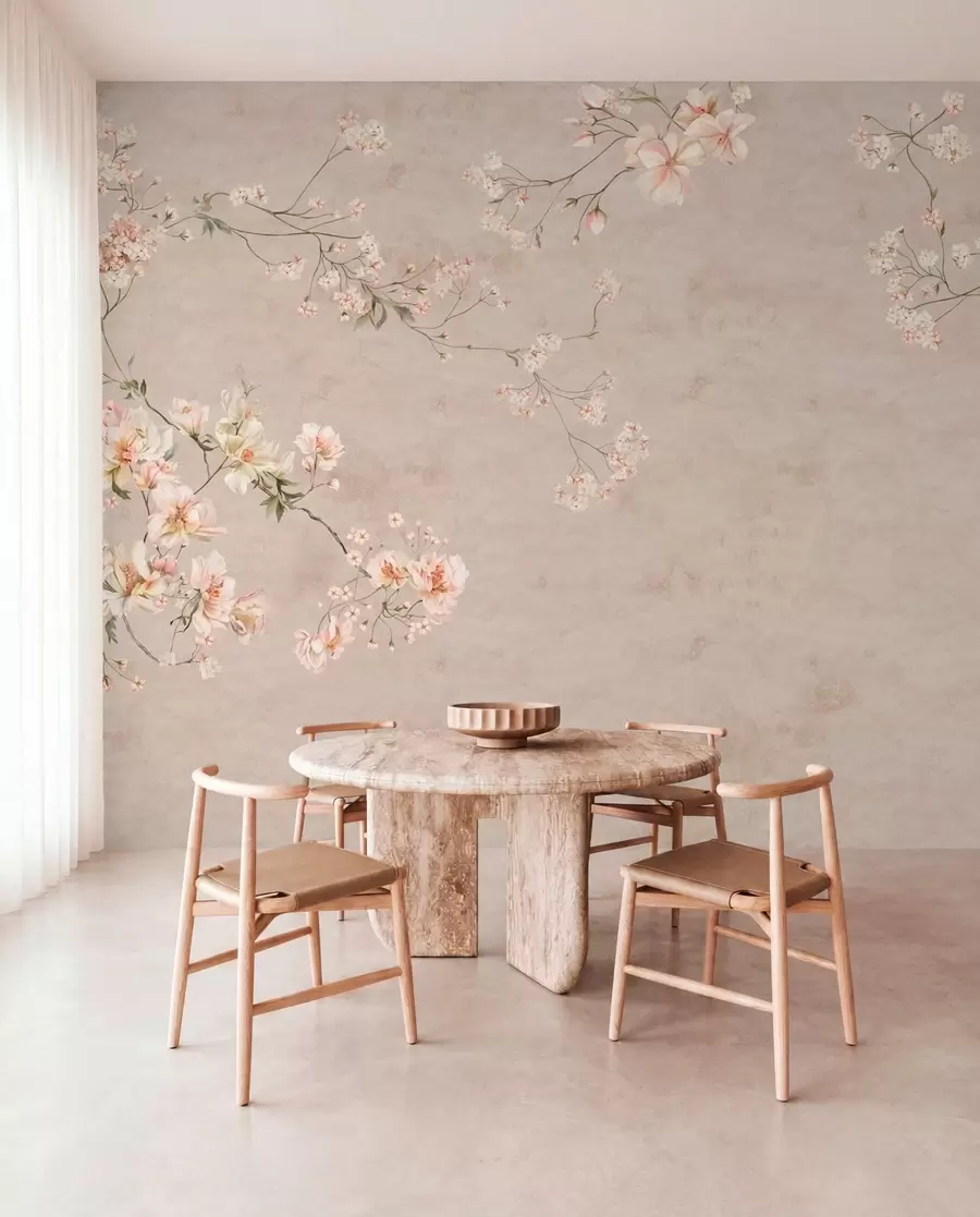 Fototapeta Delikatne kwiatowe gałązki w stylu chinoiserie na jasnym tle w05427
